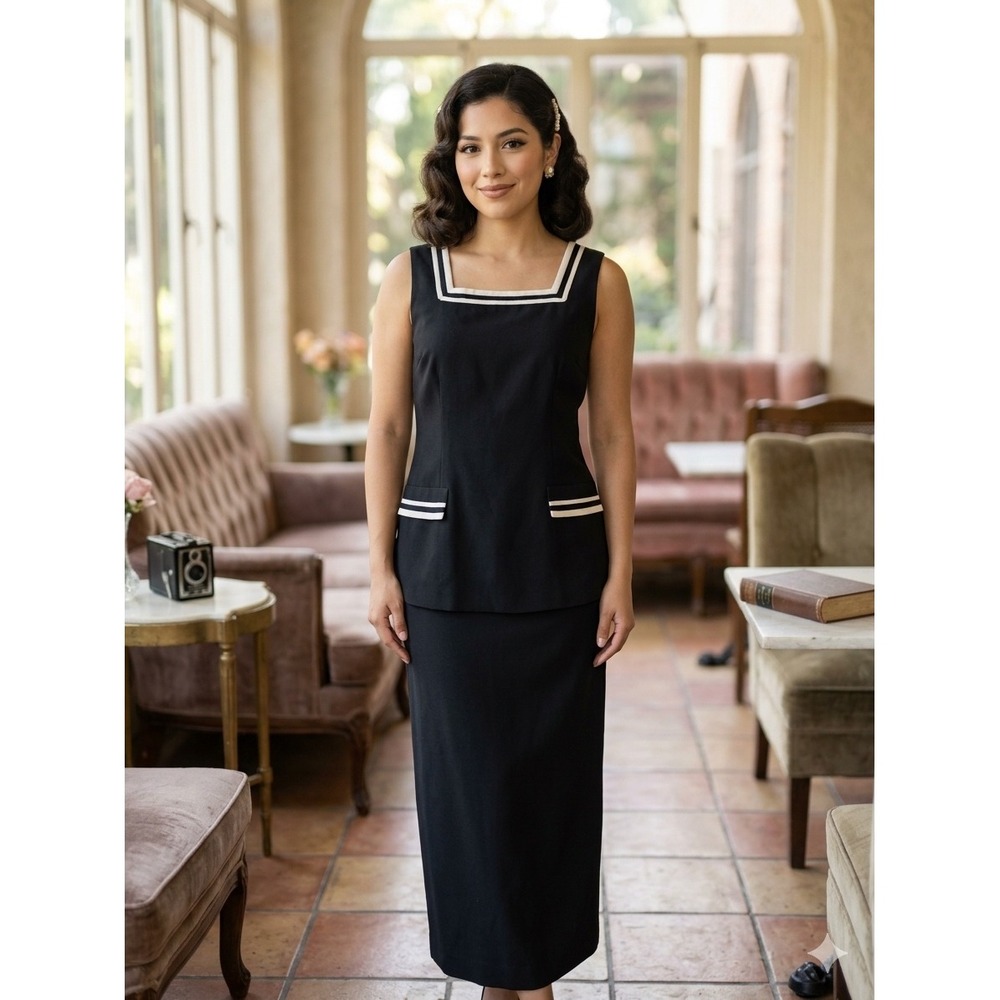 Jessica Howard Skirt Set Womens‎ 8 Black Excellent Nautical Tunic Maxi Vintage